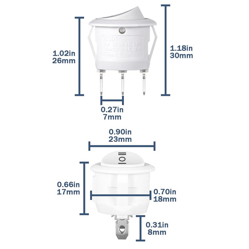 VEXUNGA Round Rocker Switch White 3 Pin 3 Position Mini Circle Toggle Switches On Off On 6A/250V 10A/125V KCD1 Rocker Switch for Rv Car Truck Boat (Pack of 10pcs) - Image 2
